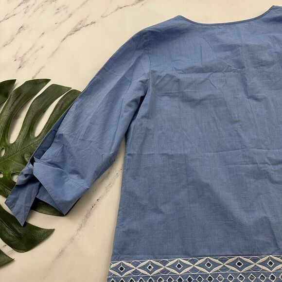 Talbots Embroidered Trim Tunic Top Size L Blue White Tie 3/4 Sleeve Blouse - Picture 11 of 12